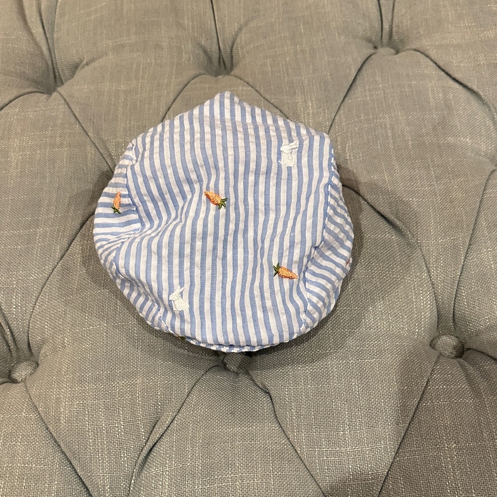 Starting Out Blue and White Striped Kids Hat with Carrot and Bunny Embroidery.